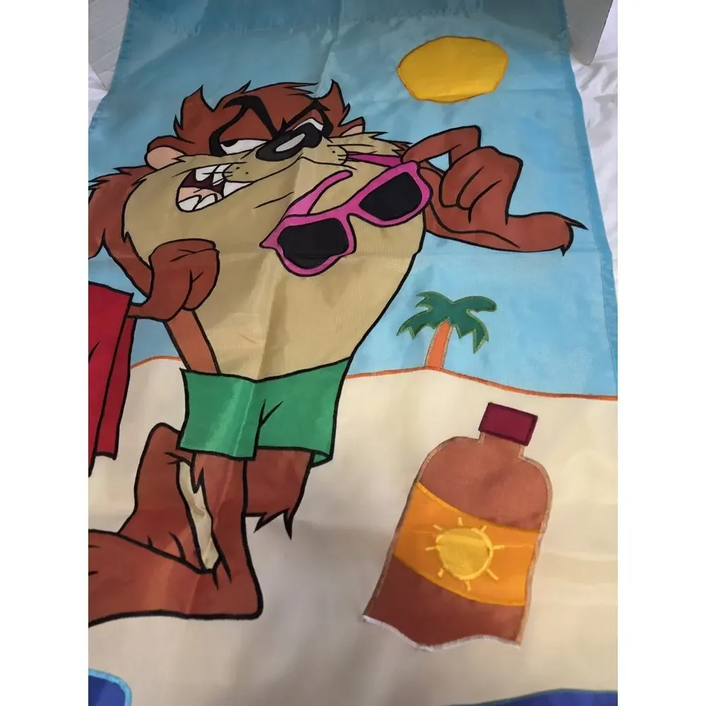 Vtg Looney Tunes Taz Tazmanian Devil at Beach Nylon Flag Banner 90's Retro Y2K